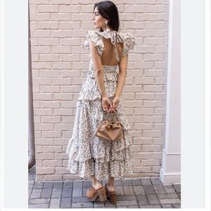 NWT EN Saison Gianna Floral Print Ruffle Dress Off White